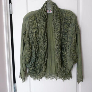 Vintage Don Vito Open Front Jacket Cardigan Green Ruffles Made in Italy Witchy